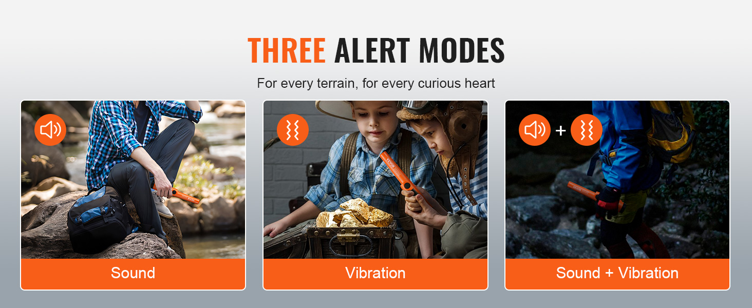three alert modes of the VEVOR metal detector pinpointer: sound, vibration, sound + vibration.
