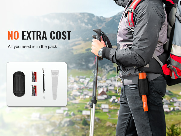 hiker with VEVOR metal detector pinpointer, backpack, and tools, enjoying a scenic mountainous area.