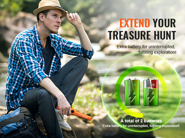 metal detector enthusiast with VEVOR metal detector pinpointer by a river, promoting battery life.