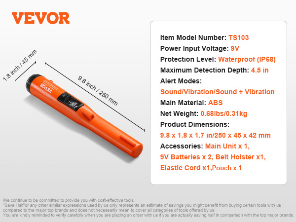 VEVOR metal detector pinpointer, waterproof ip68, 4.5 in max detection depth, 9v power, abs main material.