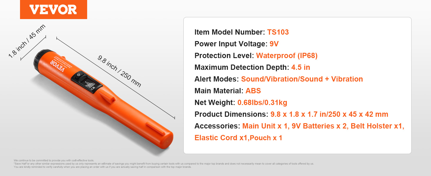 VEVOR metal detector pinpointer, waterproof ip68, 4.5 in max detection depth, 9v power, abs main material.
