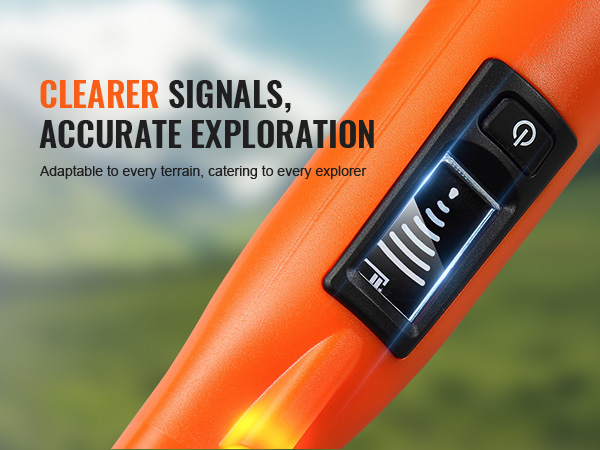 orange VEVOR metal detector pinpointer with screen showing virtual detection lines against a blurred background.