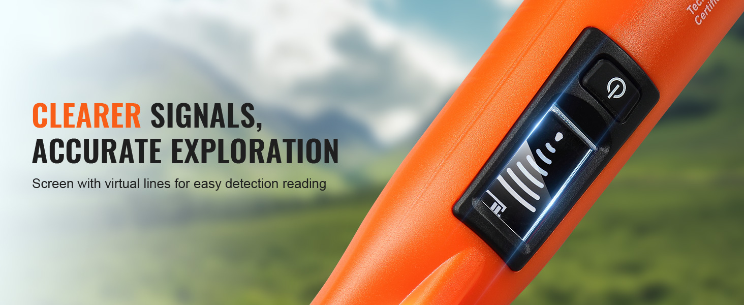 orange VEVOR metal detector pinpointer with screen showing virtual detection lines against a blurred background.