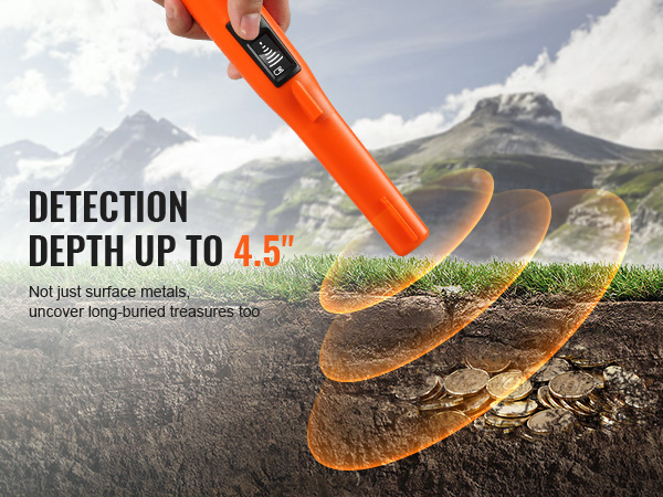 VEVOR metal detector pinpointer showing detection depth of up to 4.5 inches for finding buried treasures.