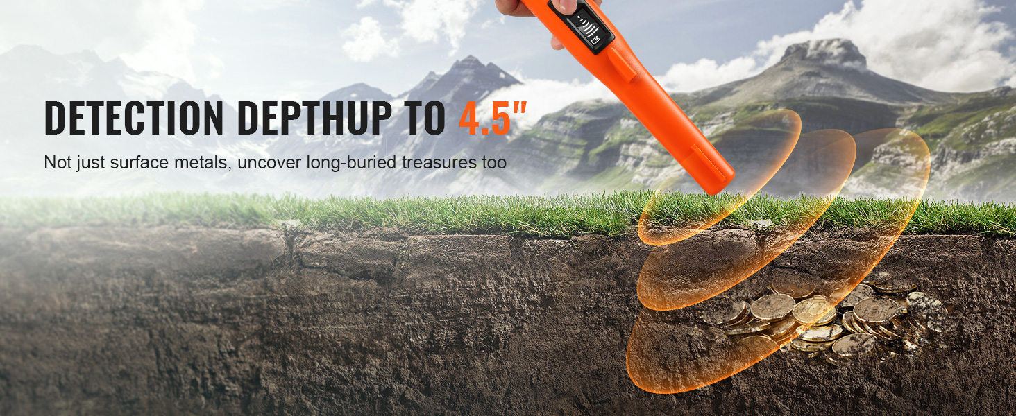 VEVOR metal detector pinpointer showing detection depth of up to 4.5 inches for finding buried treasures.
