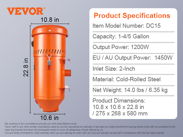 VEVOR dust collection system with 1200w power, 1-4/5 gallon capacity, and cold-rolled steel material.