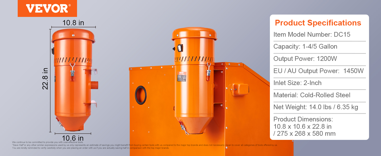 VEVOR dust collection system with 1200w power, 1-4/5 gallon capacity, and cold-rolled steel material.