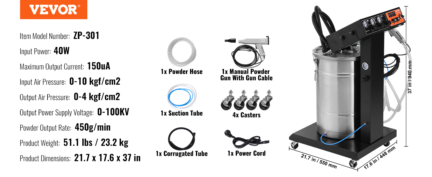 VEVOR powder coating system zp-301 with accessories: powder hose, suction tube, casters, power cord.