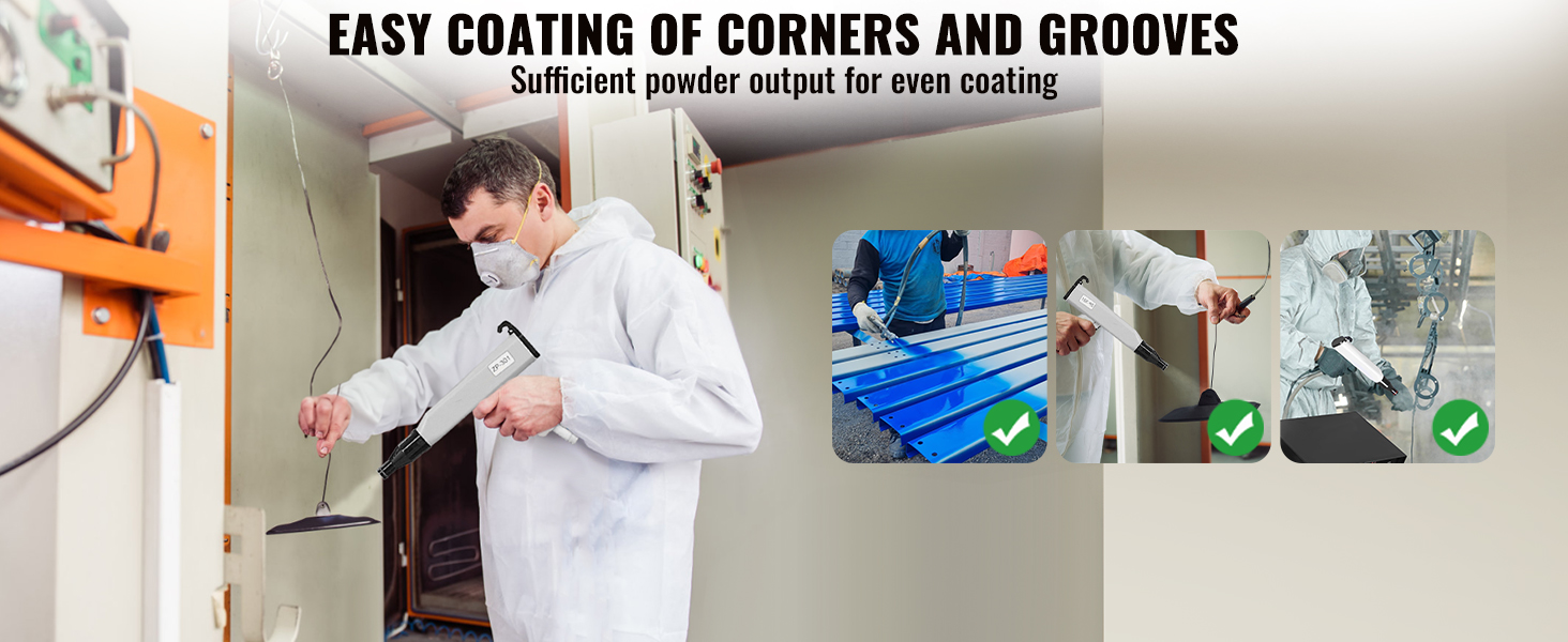 VEVOR powder coating system applied on various surfaces ensuring even coverage of corners and grooves.