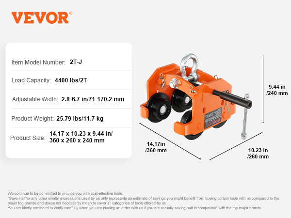 VEVOR manual trolley 2t-j, 4400lb capacity, orange, adjustable width 2.8-6.7in, dimensions 14.17x10.23x9.44in.