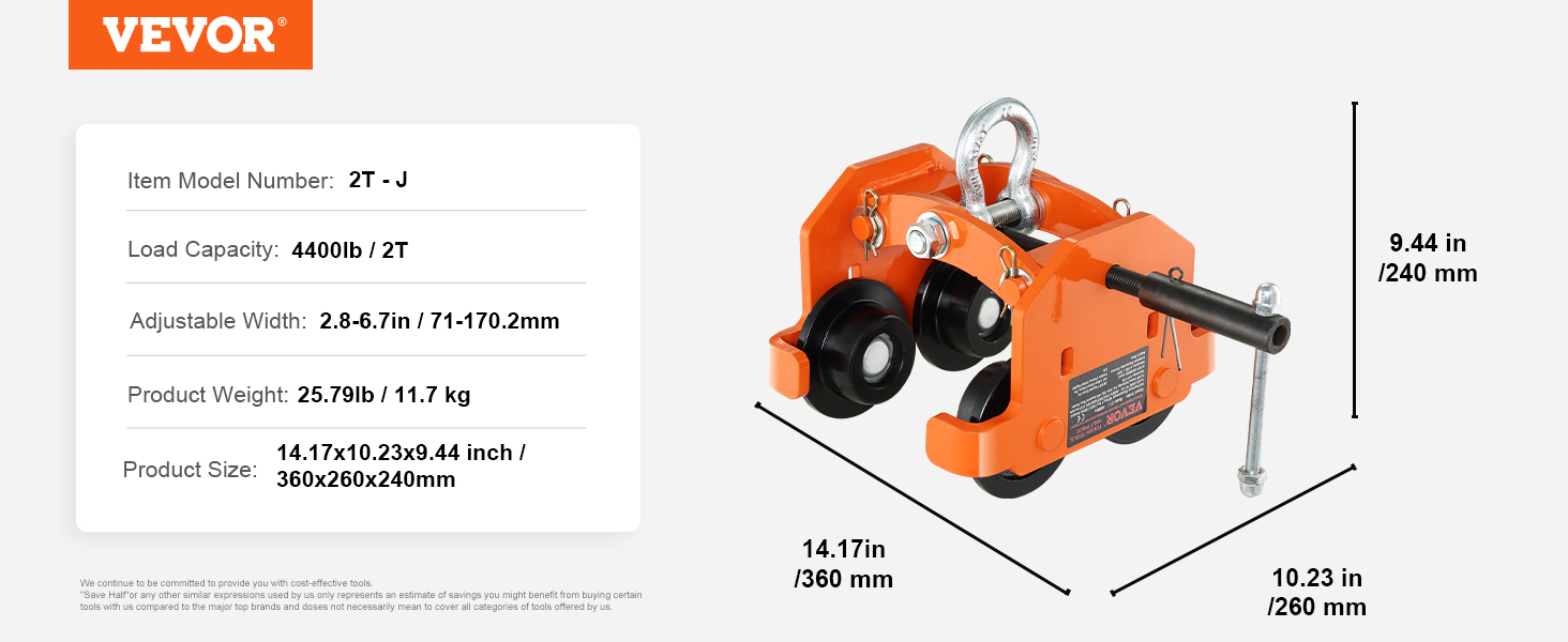 VEVOR manual trolley 2t-j, 4400lb capacity, orange, adjustable width 2.8-6.7in, dimensions 14.17x10.23x9.44in.