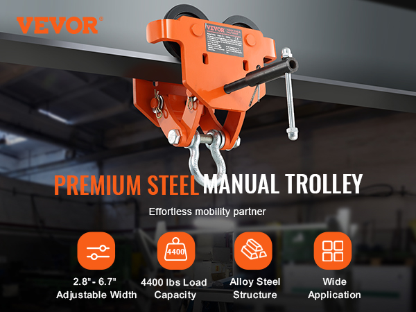 VEVOR manual trolley in orange with adjustable width, alloy steel structure, and 4400 lbs load capacity.