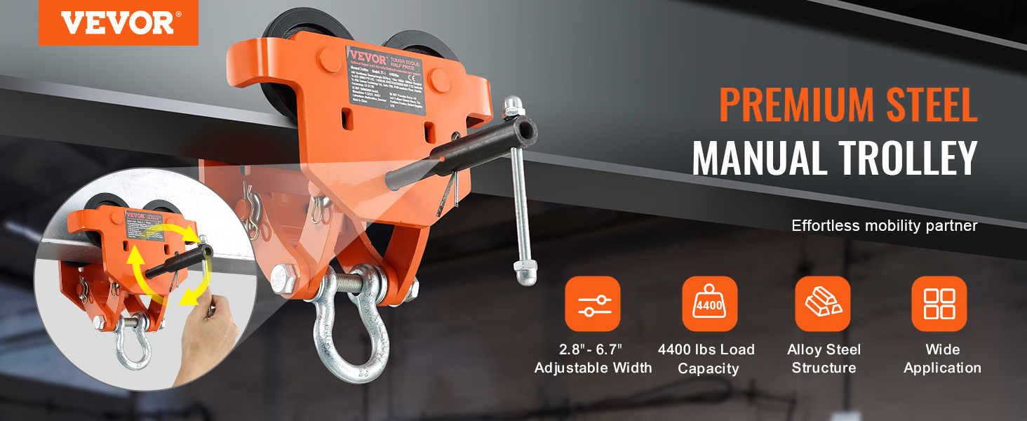VEVOR manual trolley in orange with adjustable width, alloy steel structure, and 4400 lbs load capacity.