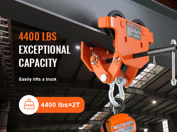 VEVOR manual trolley with 4400 lbs capacity easily lifts heavy loads in an industrial setting.