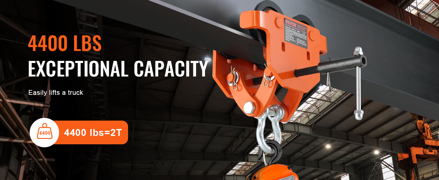 VEVOR manual trolley with 4400 lbs capacity easily lifts heavy loads in an industrial setting.