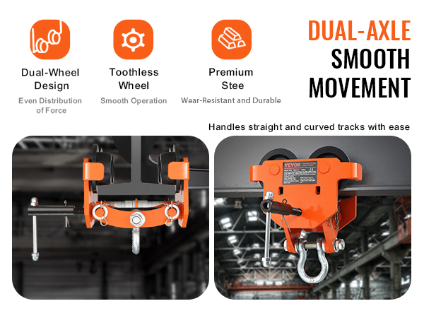 VEVOR manual trolley with dual-axle design for smooth movement on curved tracks, premium steel build.