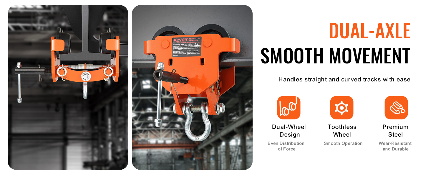 VEVOR manual trolley with dual-axle design for smooth movement on curved tracks, premium steel build.