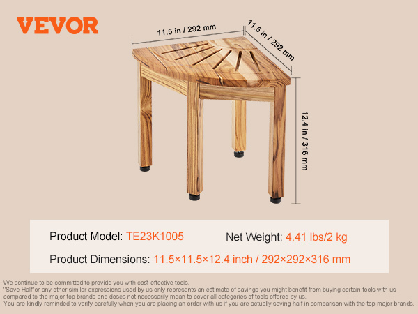 Душевая скамья VEVOR из тикового дерева размером 11,5 x 11,5 x 12,4 дюйма, модель te23k1005, с перечисленными аксессуарами.