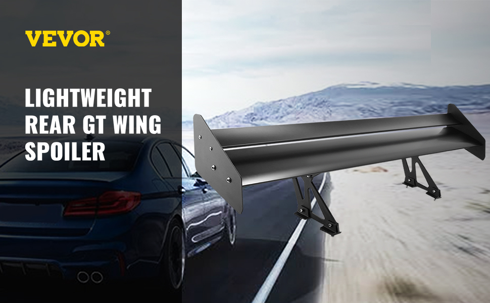 VEVOR gt wing spoiler on a blue car in a mountainous landscape.