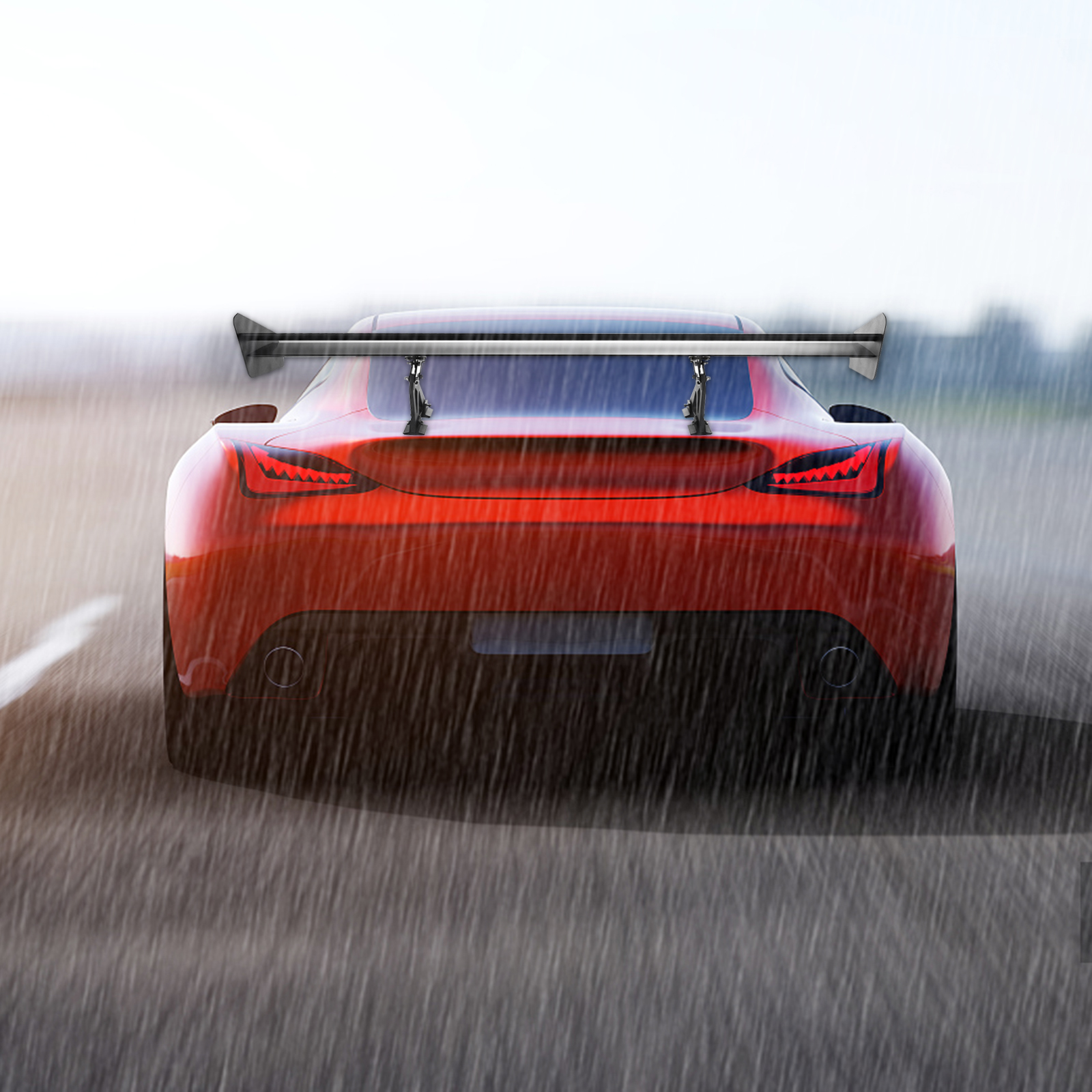 red sports car with VEVOR gt wing spoiler driving in rain.