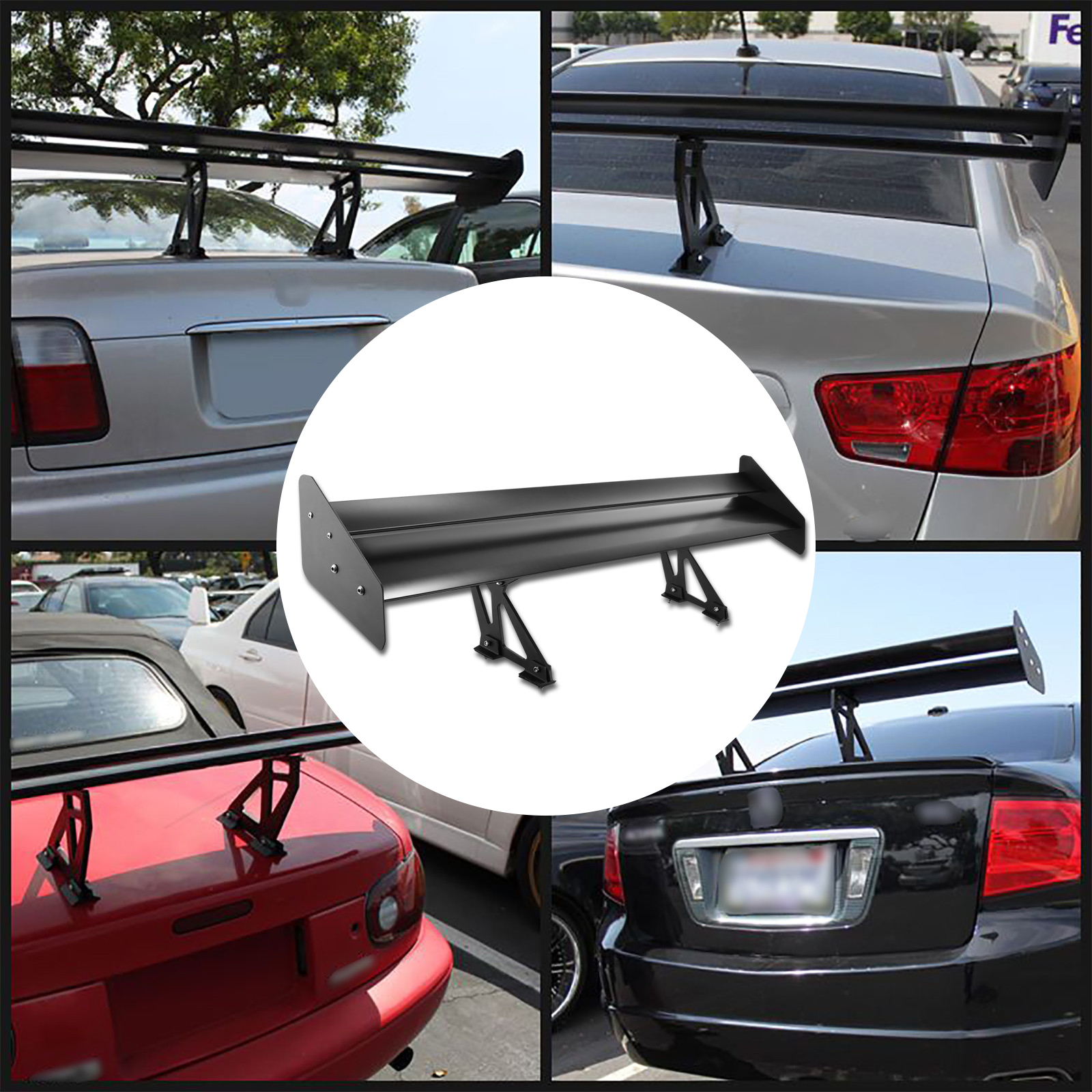 VEVOR gt wing spoiler on various car rear trunks with close-up details.