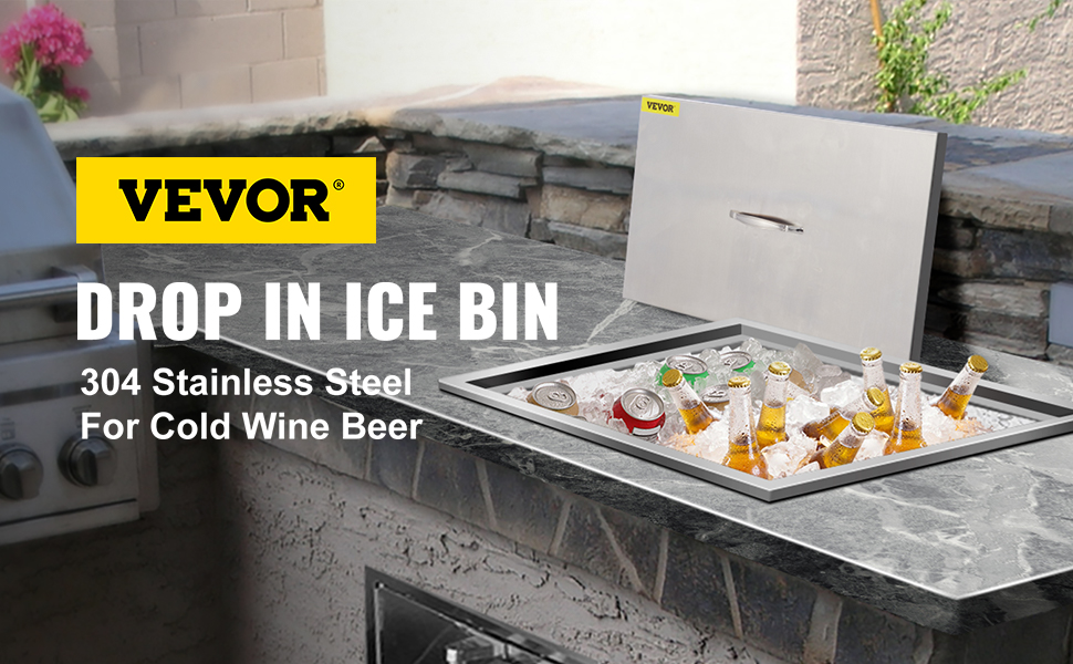 VEVOR ice chest stainless steel drop-in ice bin with iced drinks on granite counter.