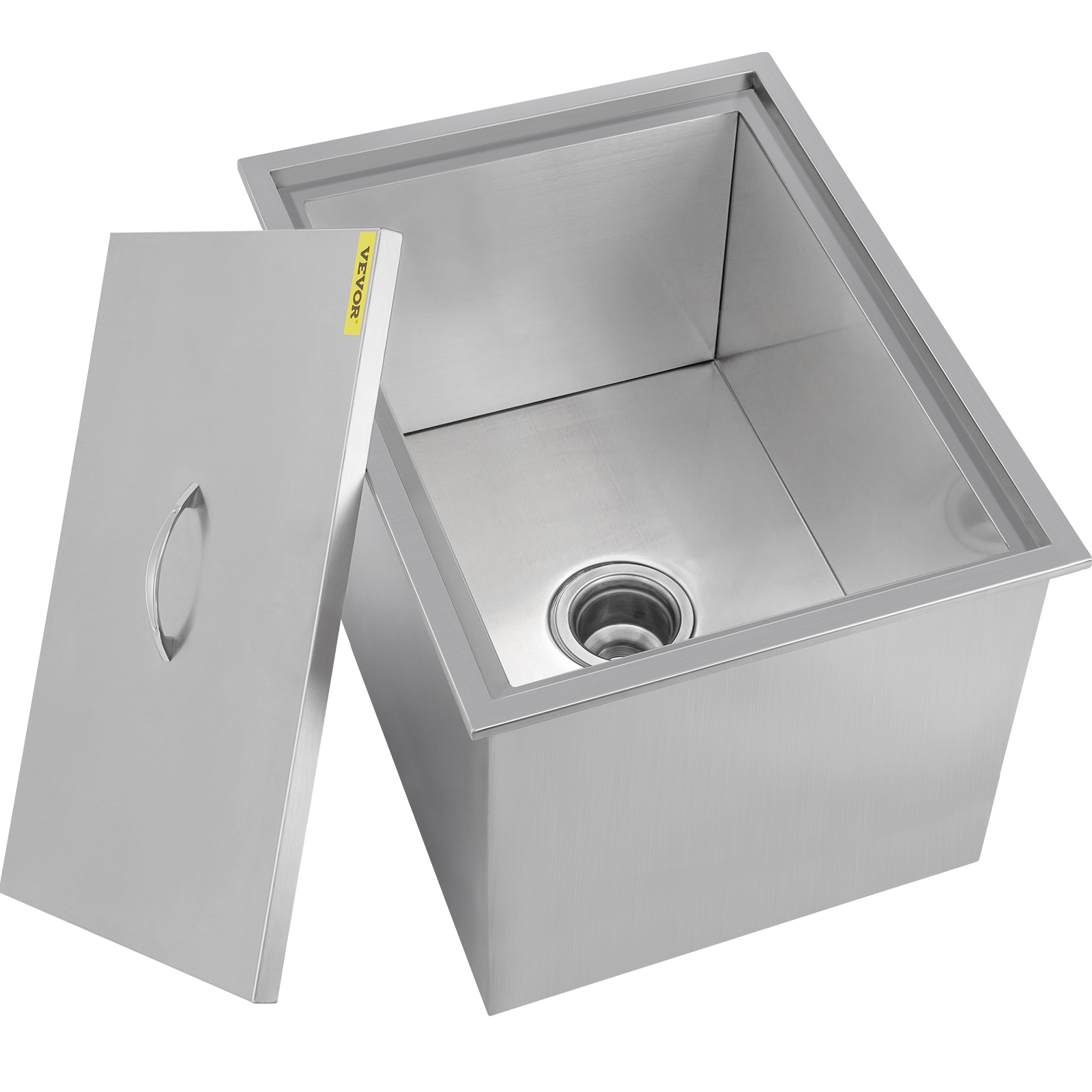 stainless steel VEVOR ice chest with removable lid and integrated drain.
