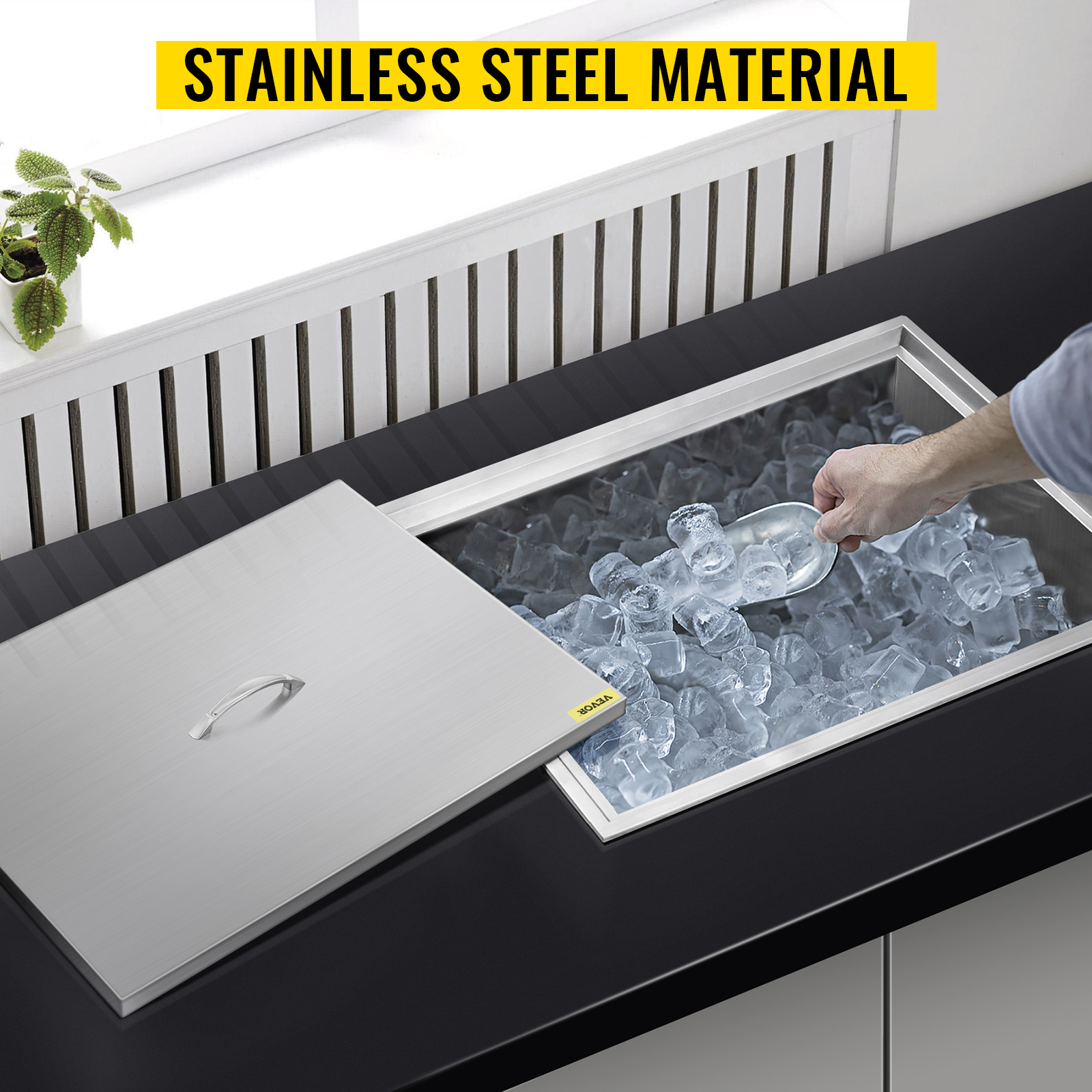 VEVOR ice chest with stainless steel lid, filled with ice cubes, and a scooping hand.