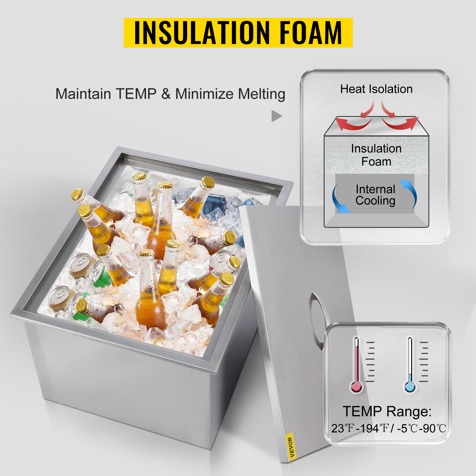 VEVOR ice chest with insulation foam, keeping beverages cold with minimal melting.