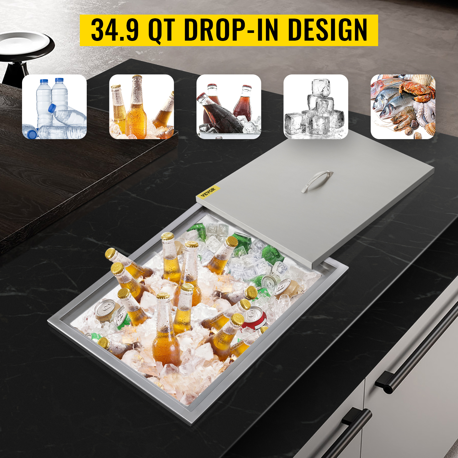 VEVOR ice chest, 34.9 qt drop-in design, filled with ice and assorted beverages.