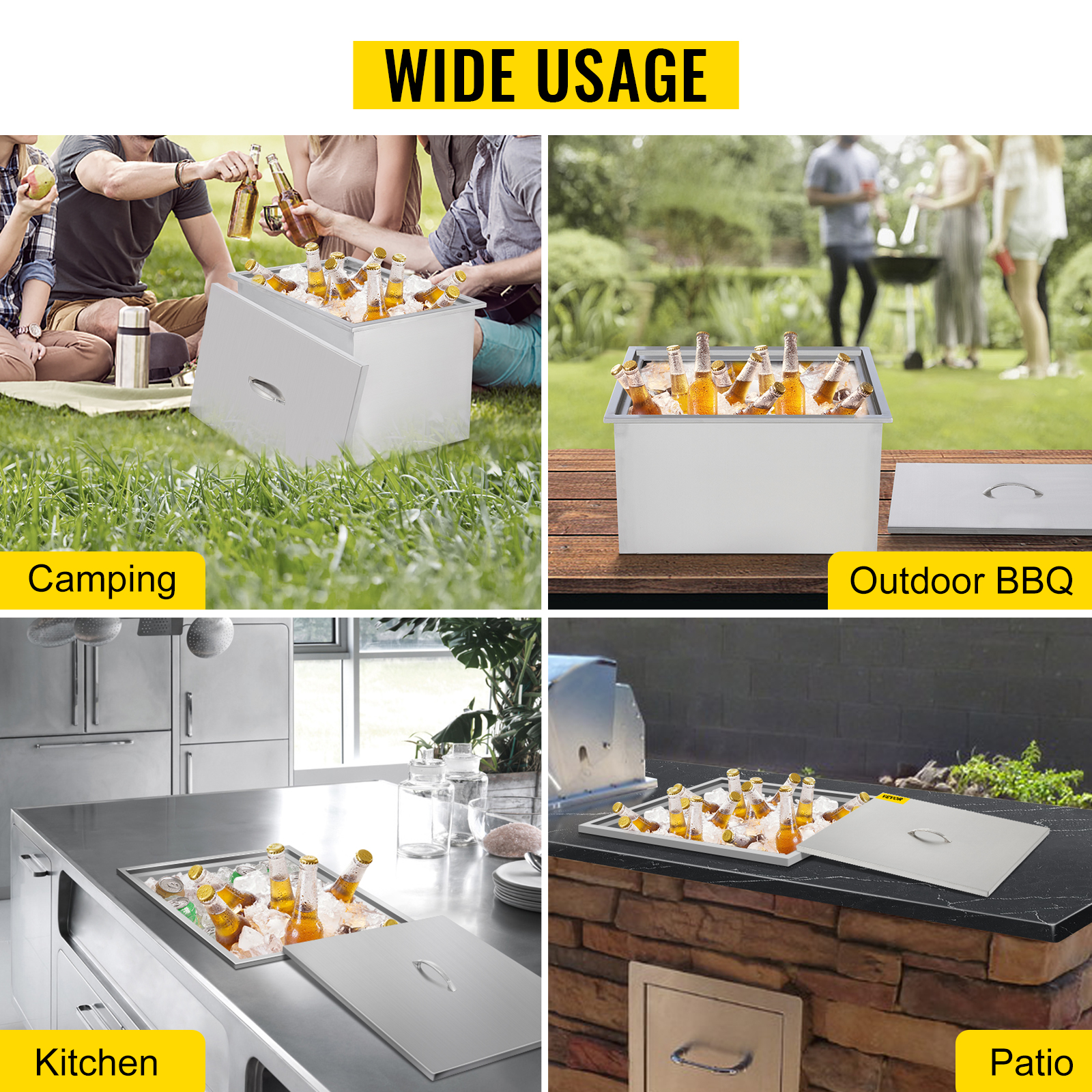 VEVOR ice chest for camping, outdoor bbq, kitchen, and patio use.