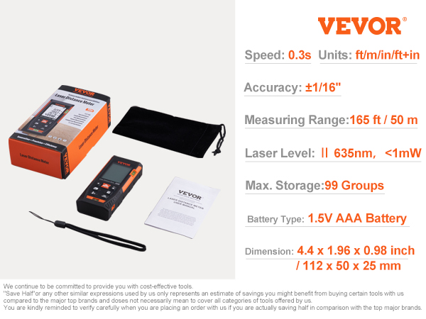 VEVOR laser measure with box, carrying pouch, device, strap, and user manual. key specs listed.