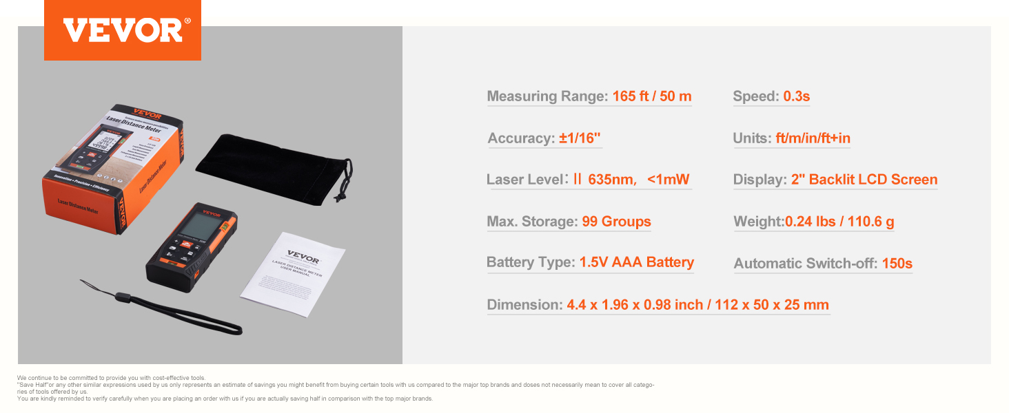 VEVOR laser measure with box, carrying pouch, device, strap, and user manual. key specs listed.
