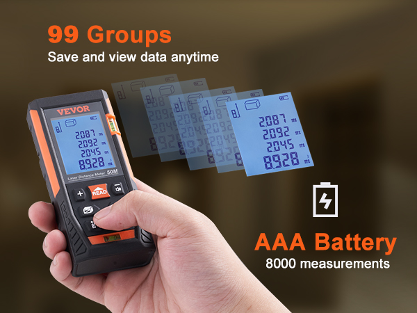 hand holding VEVOR laser measure displaying distance readings, 99 groups, aaa battery, 8000 measurements.