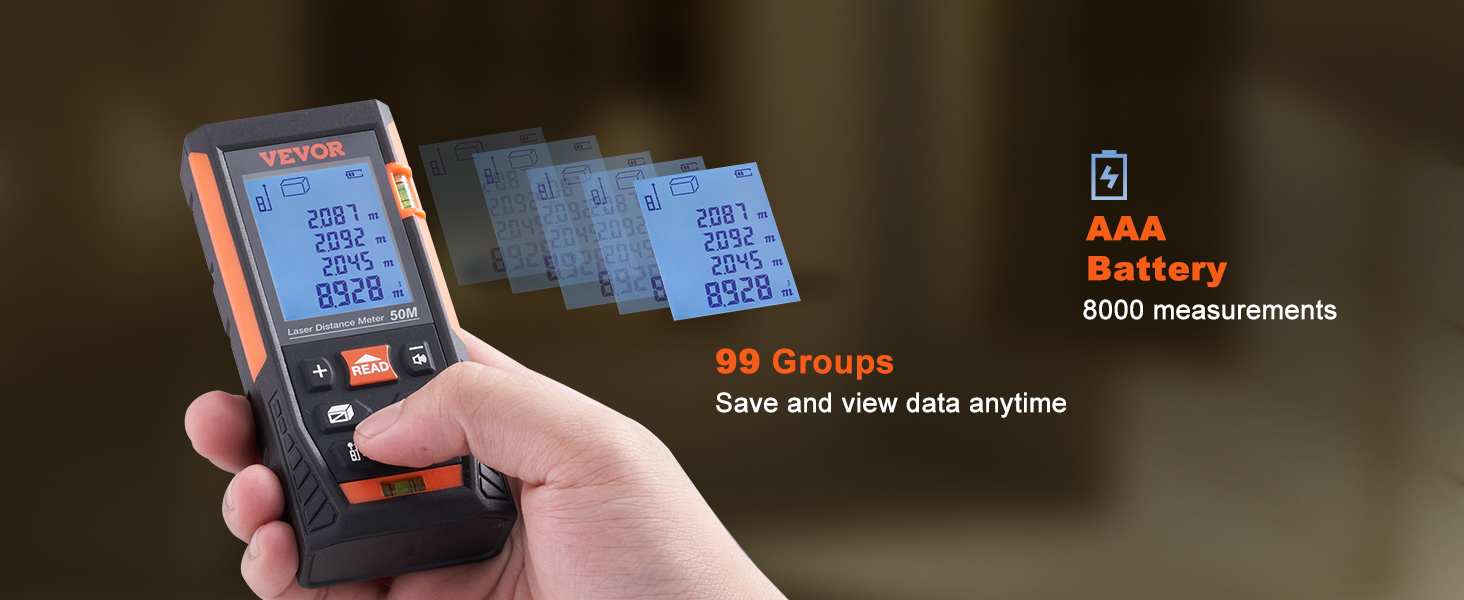 hand holding VEVOR laser measure displaying distance readings, 99 groups, aaa battery, 8000 measurements.