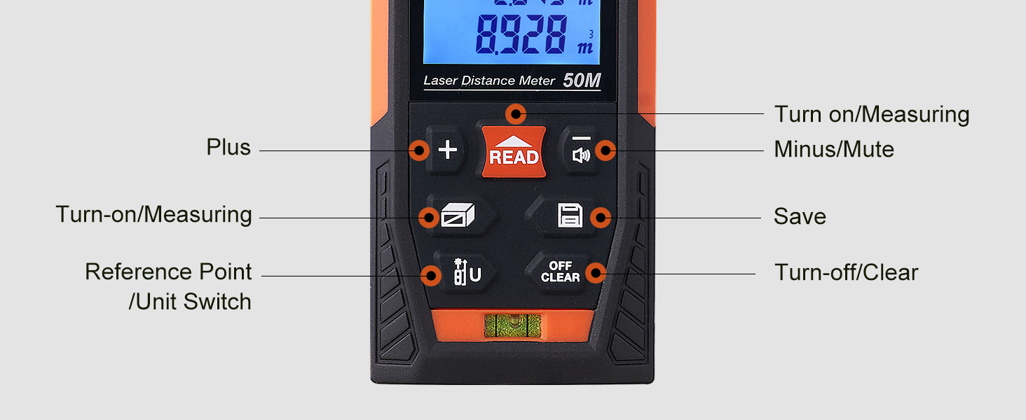VEVOR laser measure 50m close-up with labeled buttons: plus, minus/mute, save, read, and unit switch.
