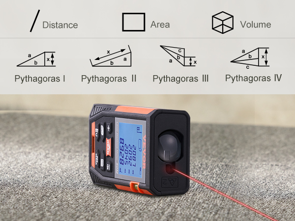 VEVOR laser measure showing functions for distance, area, volume, and pythagorean calculations.