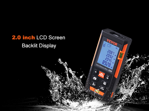 VEVOR laser measure with 2.0 inch lcd backlit display, water splashing around, black background.