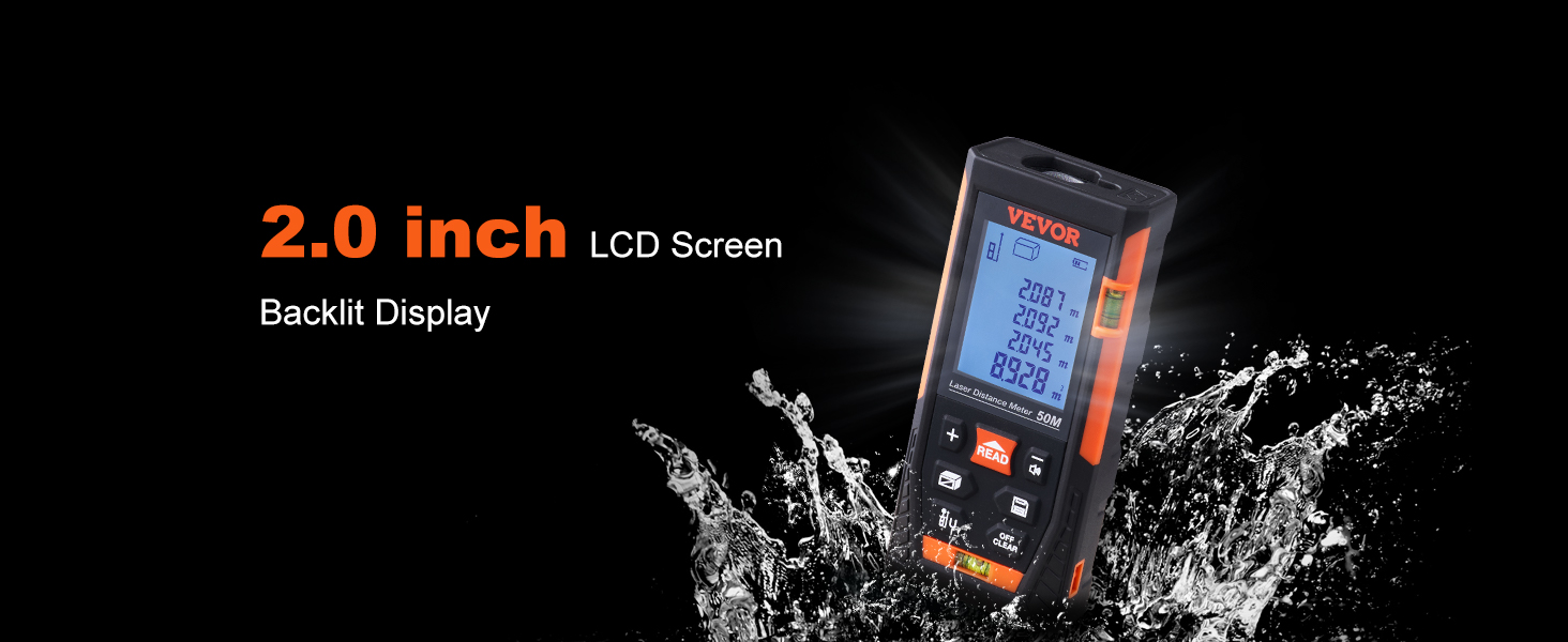 VEVOR laser measure with 2.0 inch lcd backlit display, water splashing around, black background.