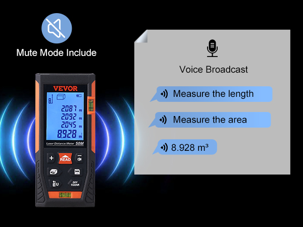 VEVOR laser measure with mute mode and voice broadcast feature displaying measurements on screen.