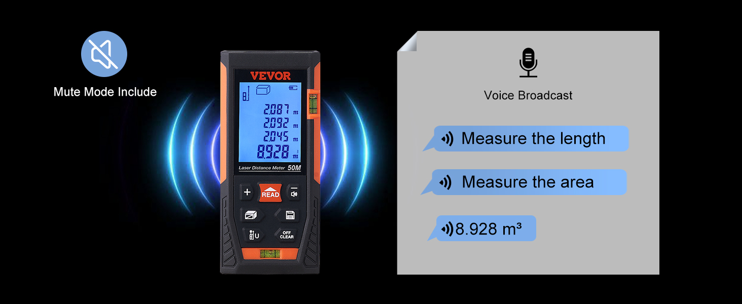 VEVOR laser measure with mute mode and voice broadcast feature displaying measurements on screen.