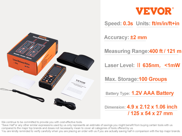 VEVOR laser measure, 400ft range, 2.4" color screen, usb charging, accessory kit and box.
