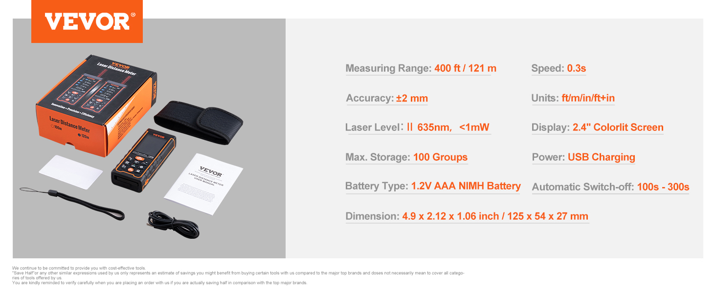 VEVOR laser measure, 400ft range, 2.4" color screen, usb charging, accessory kit and box.
