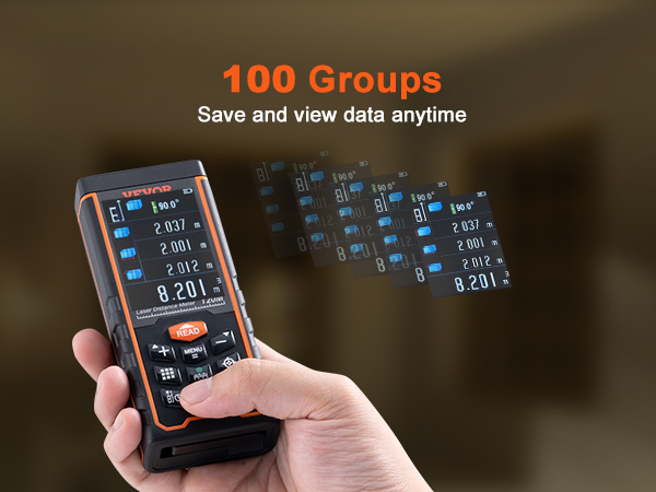 hand holding VEVOR laser measure with multiple measurement data displayed digitally, showcasing 100 data groups.