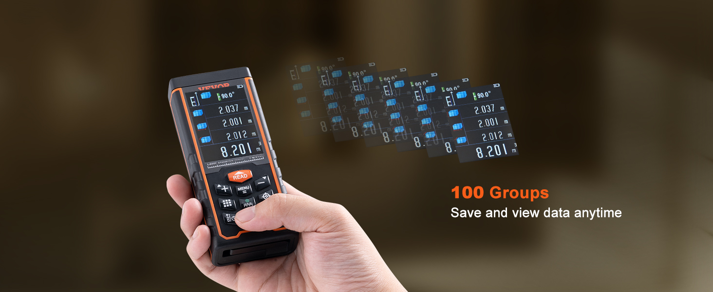 hand holding VEVOR laser measure with multiple measurement data displayed digitally, showcasing 100 data groups.