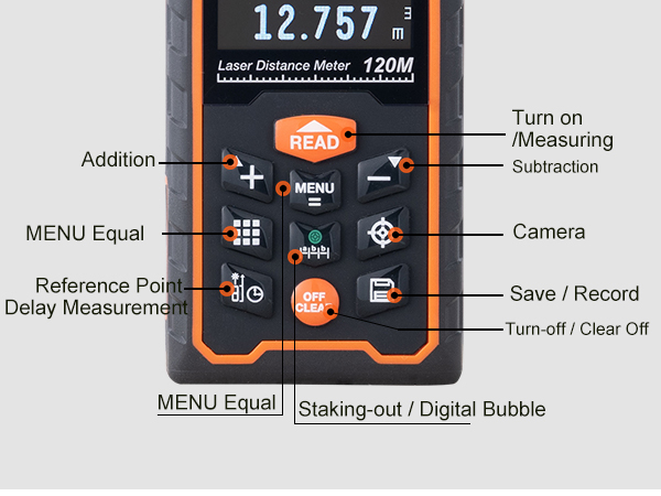 control panel of VEVOR laser measure featuring buttons for addition, subtraction, menu, and more functions.