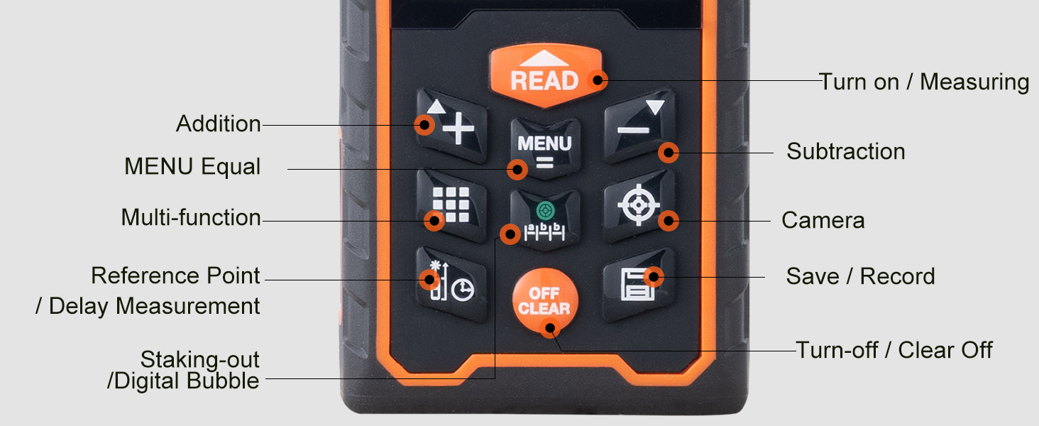 control panel of VEVOR laser measure featuring buttons for addition, subtraction, menu, and more functions.