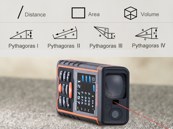 VEVOR laser measure displaying distance, area, volume, and pythagoras calculations on concrete surface.