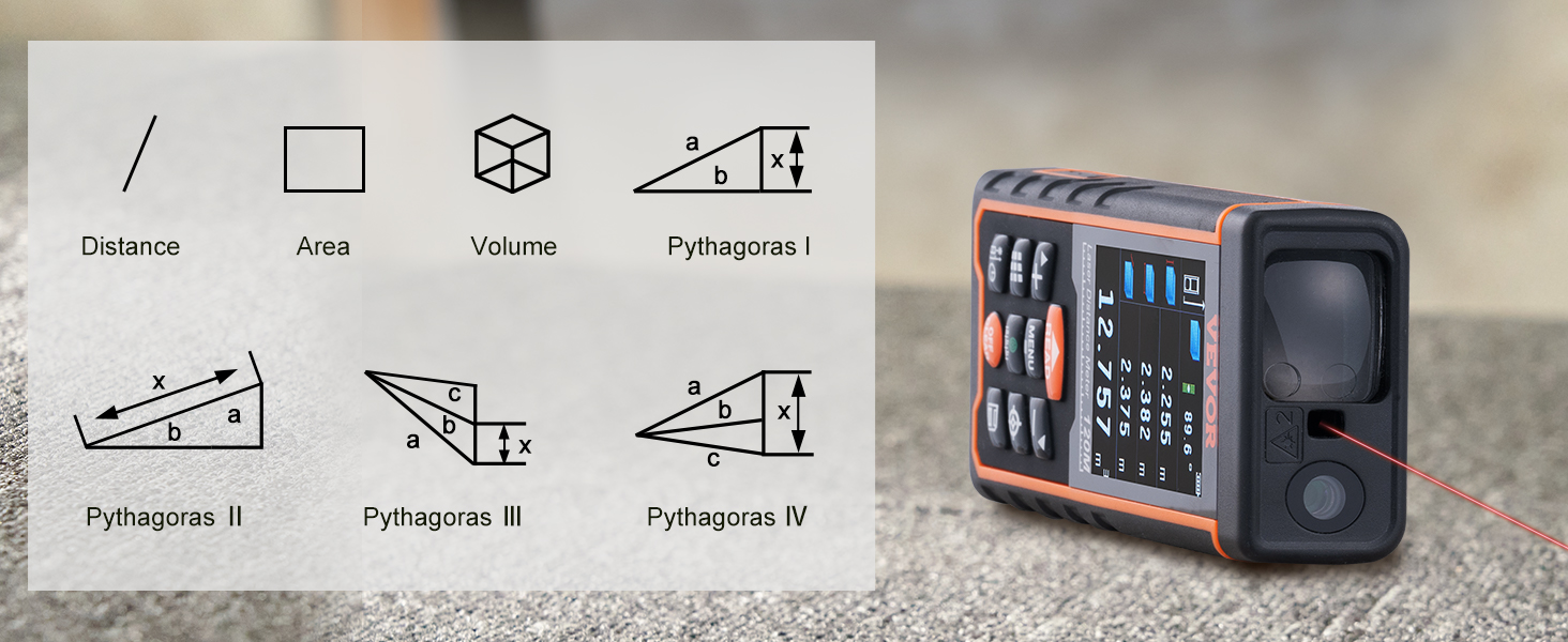 VEVOR laser measure displaying distance, area, volume, and pythagoras calculations on concrete surface.