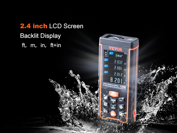 VEVOR laser measure with 2.4-inch colorlit screen, backlit display, waterproof, measures in ft, m, in, ft+in